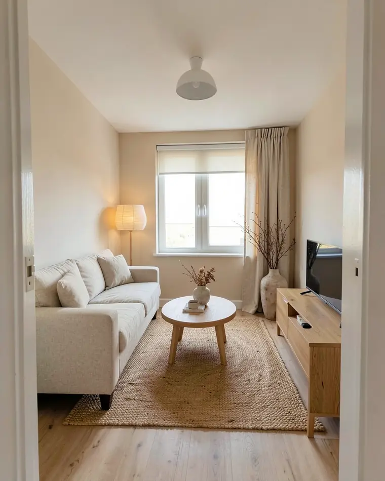 Dasselbe Wohnzimmer im Japandi-Stil mit einem haferfarbenen Leinensofa, einem runden Couchtisch aus Eiche, einem Juteteppich, einer Stehleuchte aus Papier und Leinenvorhängen