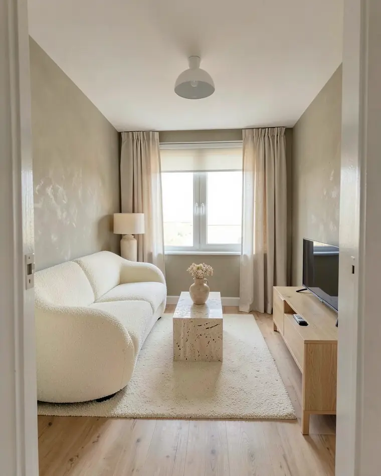 Dasselbe Wohnzimmer mit einem geschwungenen cremefarbenen Bouclé-Sofa, einem Couchtisch aus Travertin, einem cremefarbenen Teppich und greigen Wänden in Kalkputzoptik
