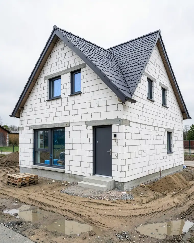 The same house at shell stage: block walls and a finished roof