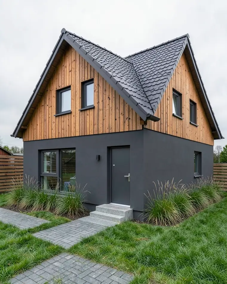 House with a charcoal roof, dark gray stucco and larch boards