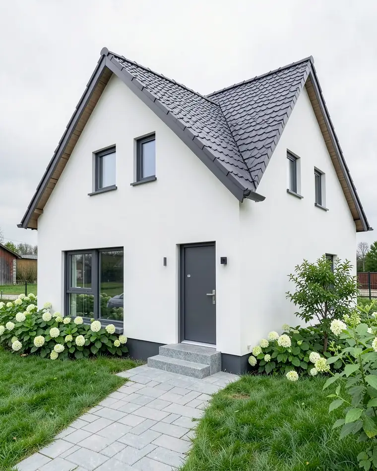 House with a charcoal roof and white walls, dark gray window frames