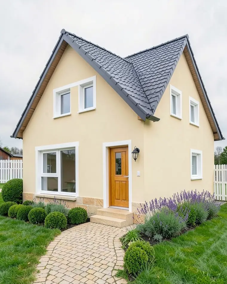 House with a charcoal roof, cream walls and white window frames