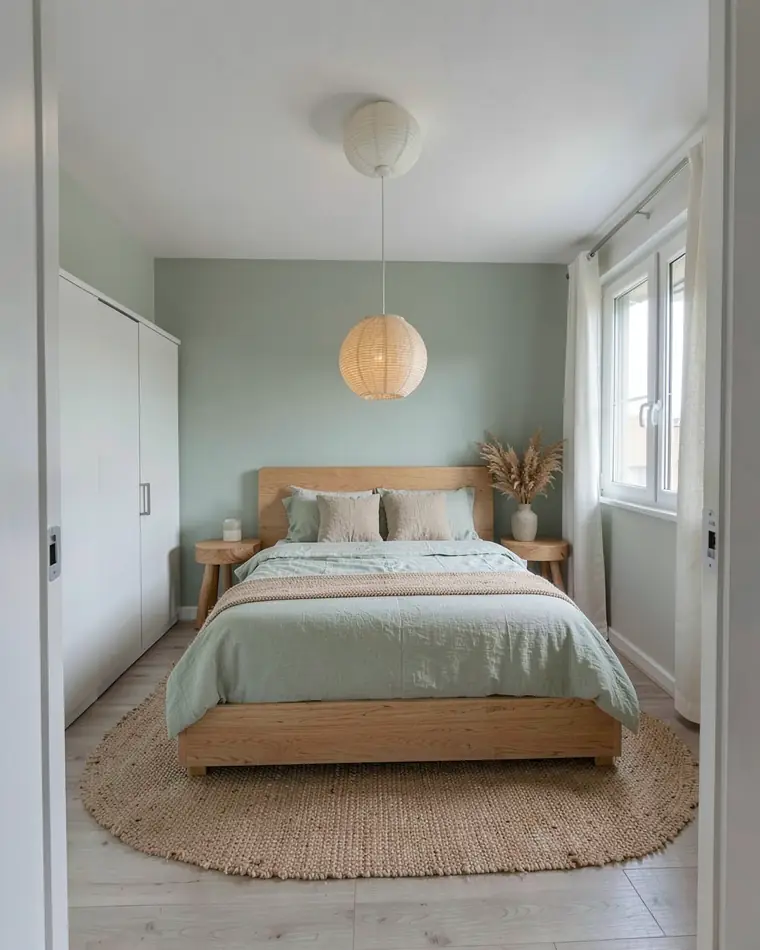 La stessa camera in stile japandi con pareti salvia, letto in rovere, biancheria di lino salvia e sabbia, tappeto tondo di iuta e lampada a sospensione in carta