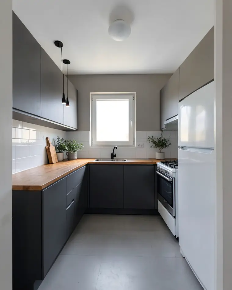 The same kitchen with matte graphite cabinets, a warm wood countertop, two slim black pendant lamps and a black faucet
