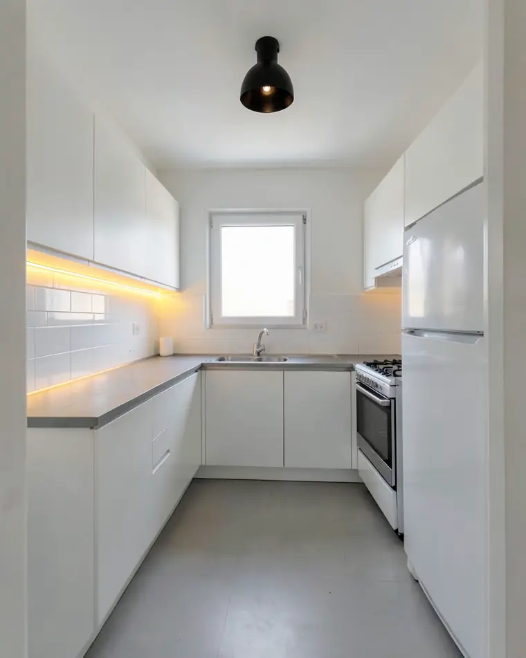 The same white kitchen with a warm LED strip under the upper cabinets and a black ceiling lamp