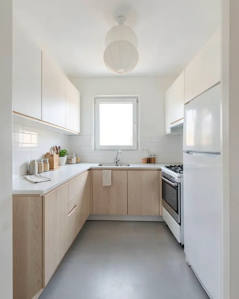 The same kitchen with light oak lower cabinets, white upper cabinets, a white countertop and a white paper pendant lamp