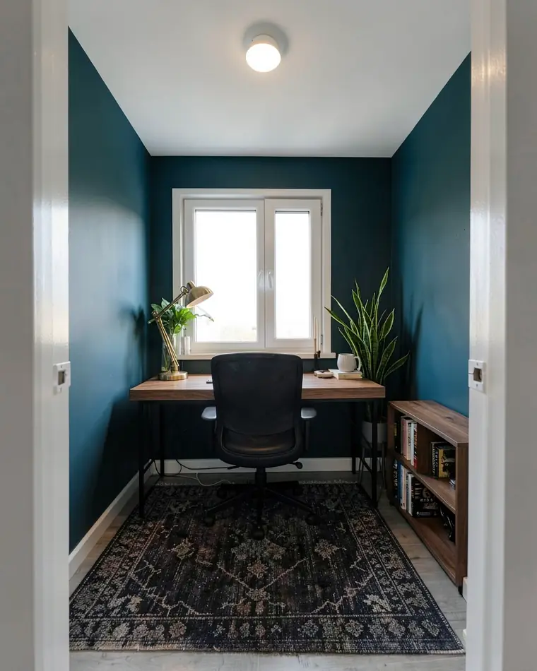 O mesmo home office com paredes em azul-esverdeado profundo, escrivaninha de nogueira, cadeira de escritório preta, estante de nogueira, tapete escuro estampado e luminária de mesa de latão