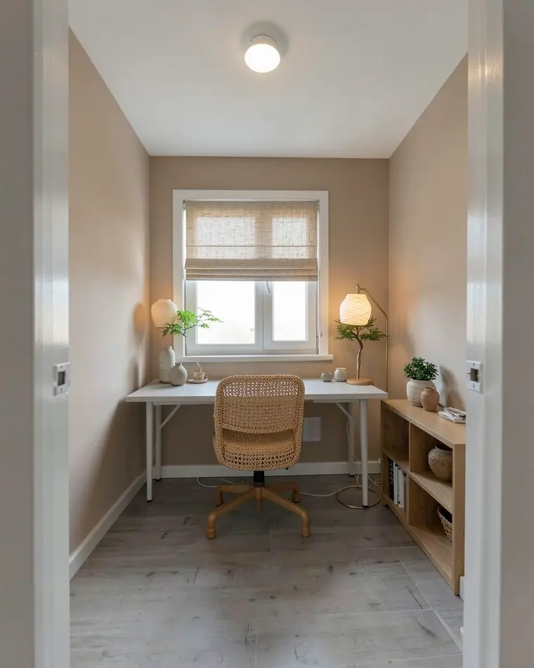 O mesmo home office em estilo japandi com paredes bege argila, persiana romana de linho, escrivaninha branca, cadeira trançada, estante baixa de carvalho e luminária de piso de papel