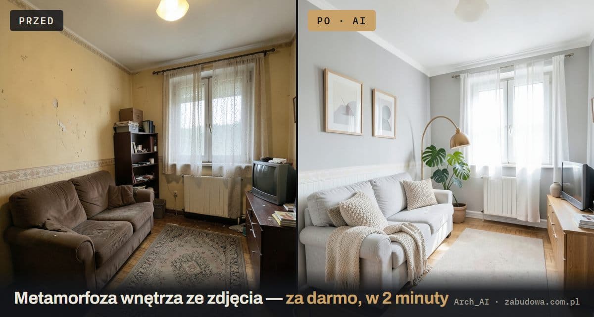 AI interior redesign: the same room before and after, generated in the zabudowa.arch app