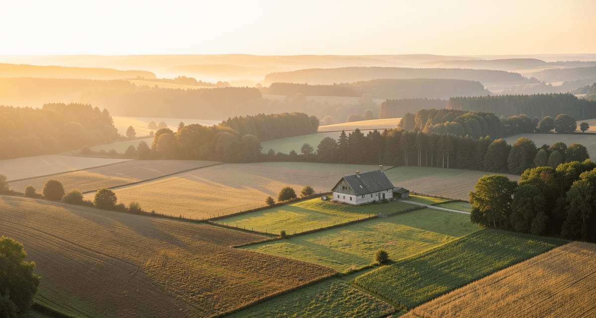 Panorama of the Polish countryside with farmland, a forest and a farmstead
