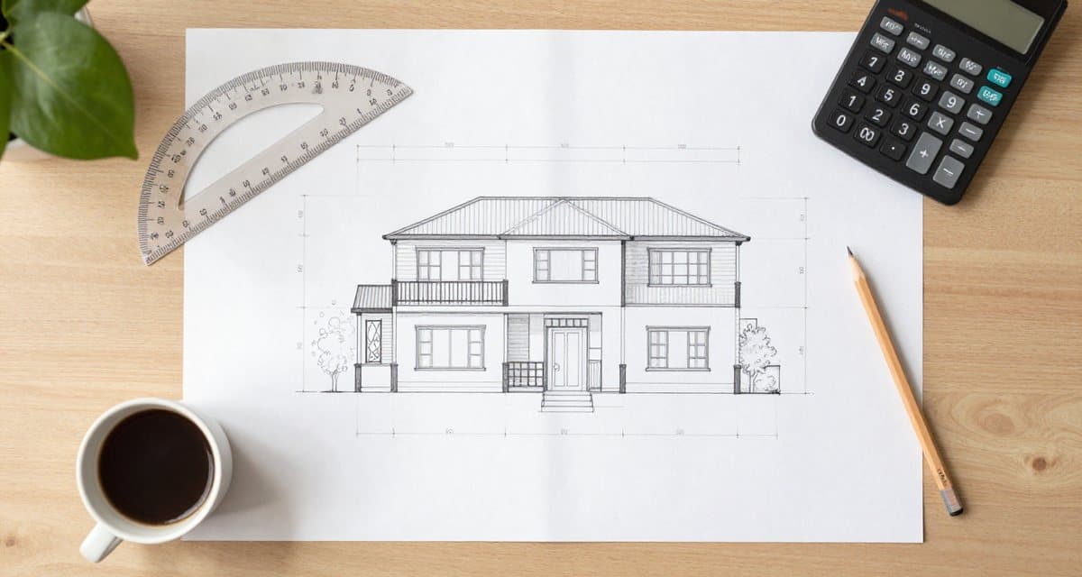 Biurko architekta z rysunkiem domu dwukondygnacyjnego, kalkulatorem i przymiarem — obliczanie wskaźnika intensywności zabudowy