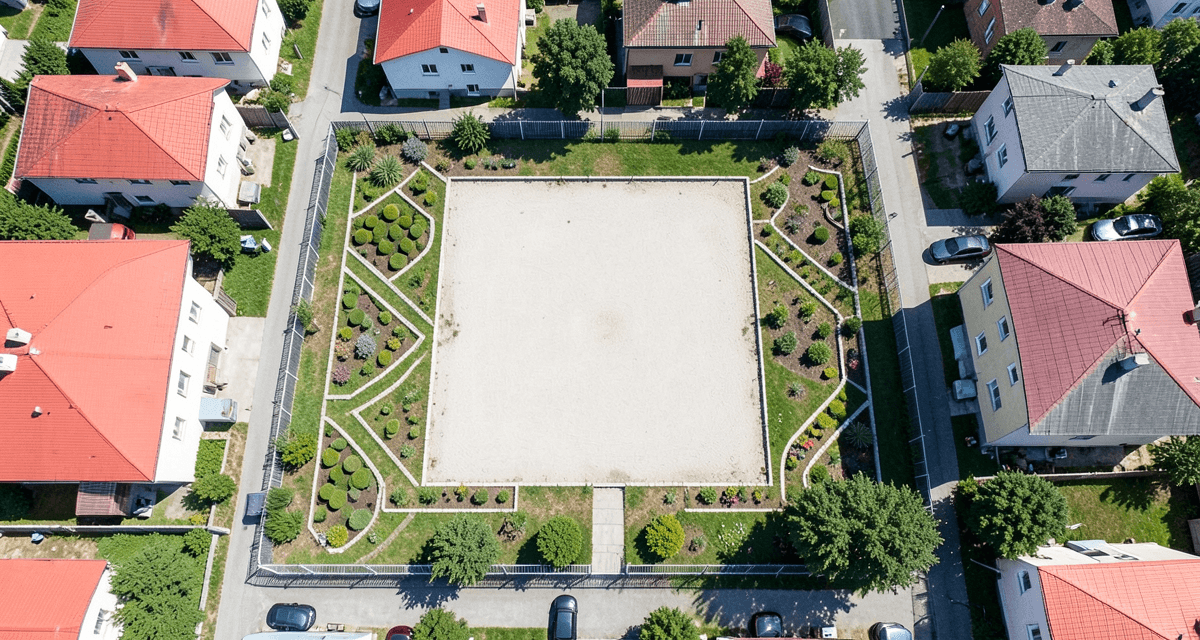Drone photo of a building plot surrounded by houses with red roofs