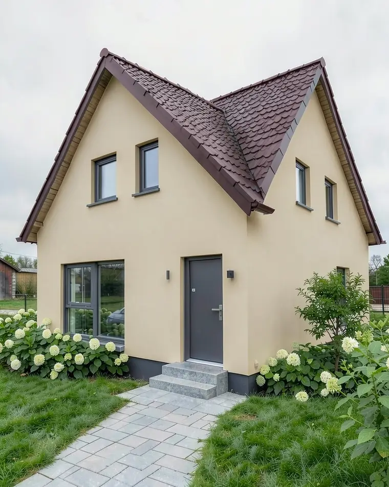 House with a brown roof and sand beige walls