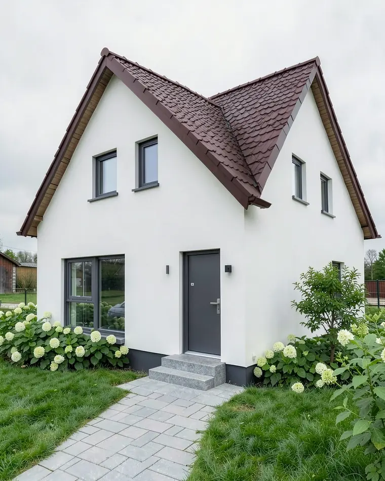 House with a brown roof and white walls