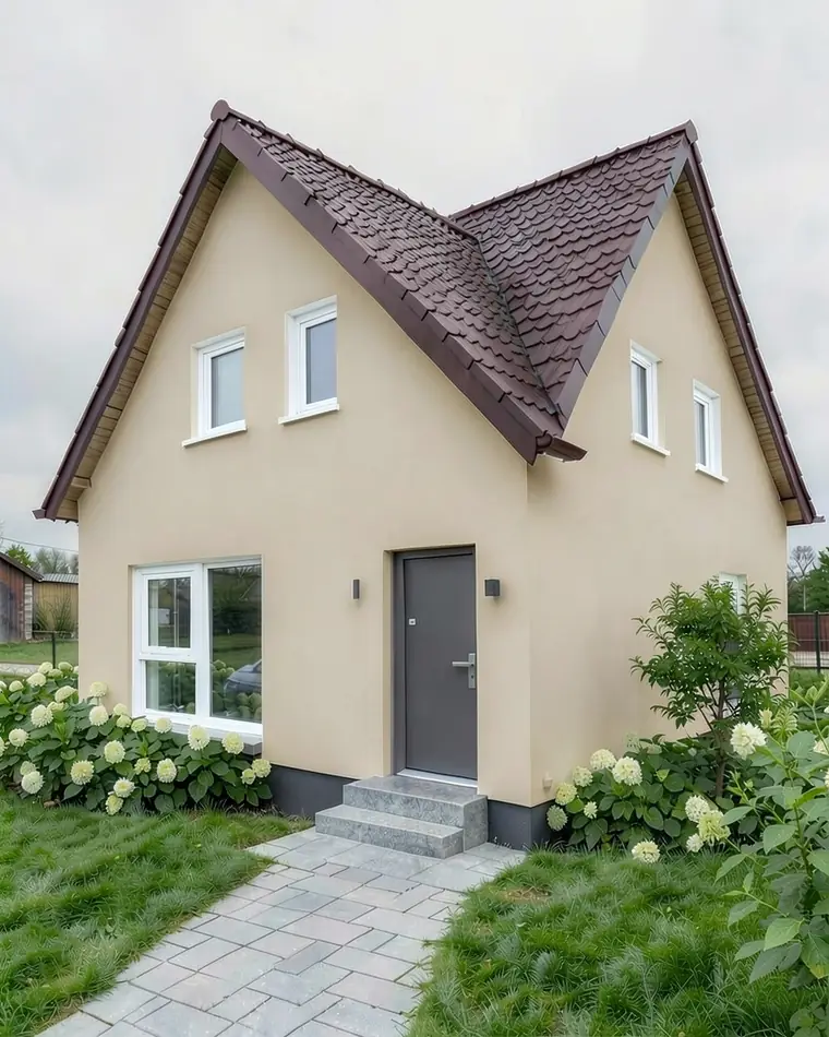 House with a brown roof, beige walls and white window frames