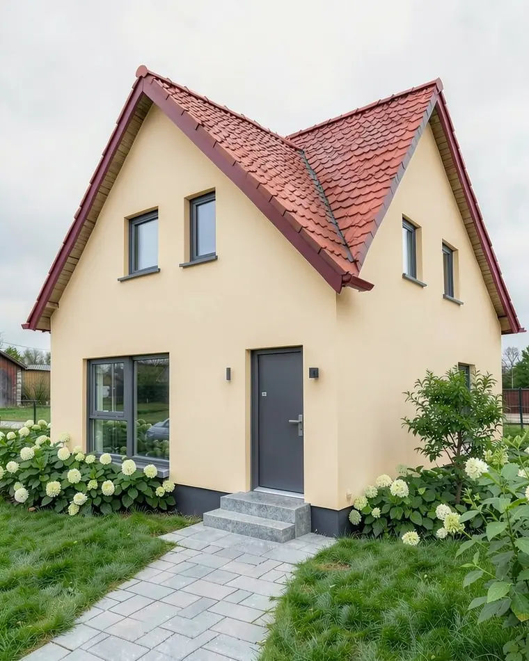 House with a red roof and light beige walls