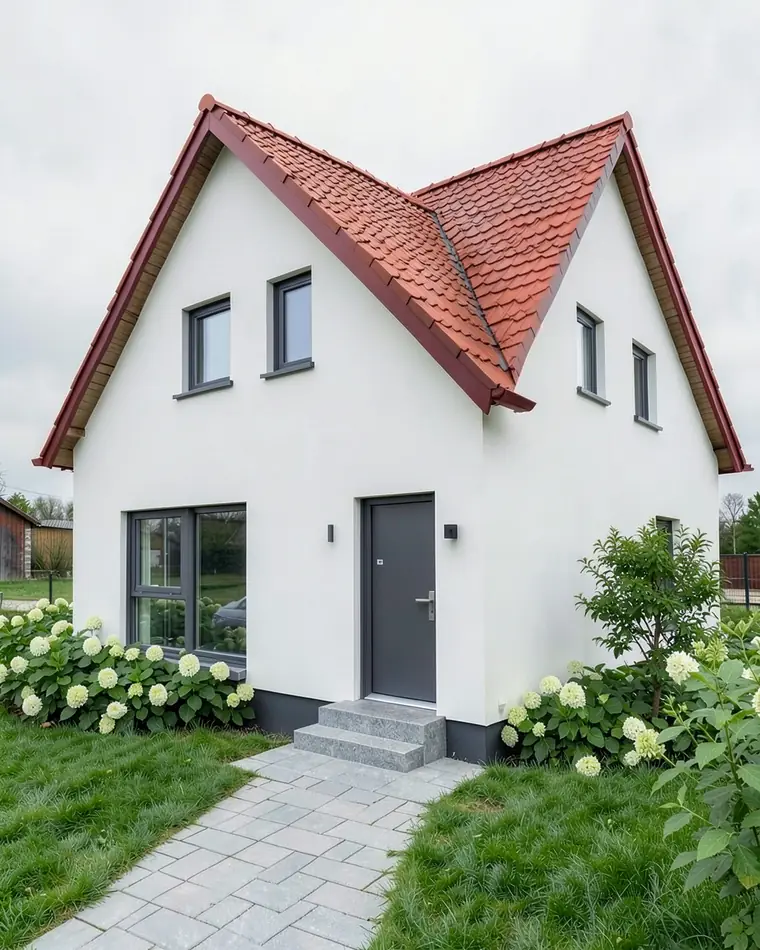 House with a red roof and white walls