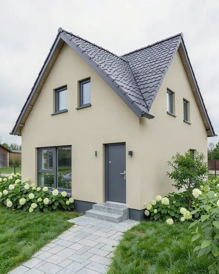 House with a charcoal roof and greige walls