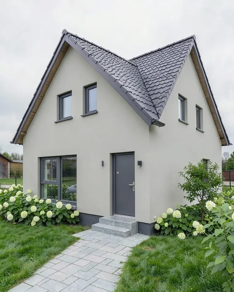 House with a charcoal roof and light gray walls