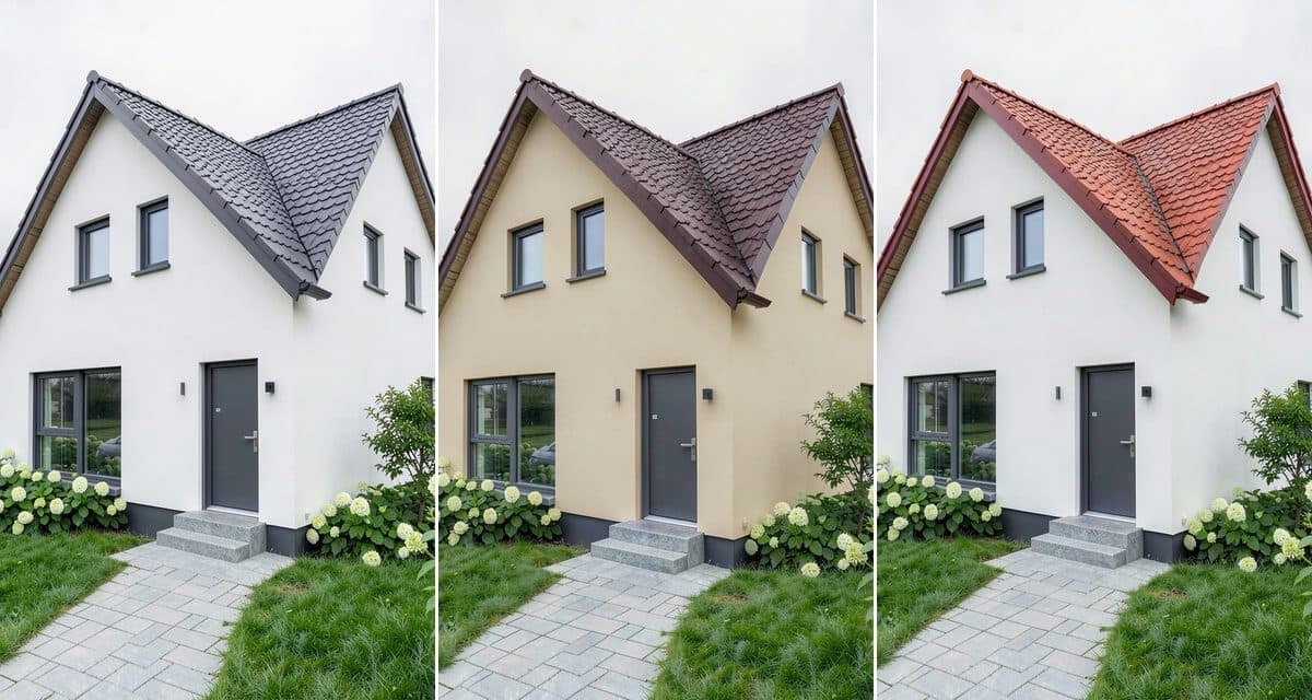 The same house in three pairings: charcoal roof with white walls, brown roof with beige walls and red roof with white walls (AI visualization)
