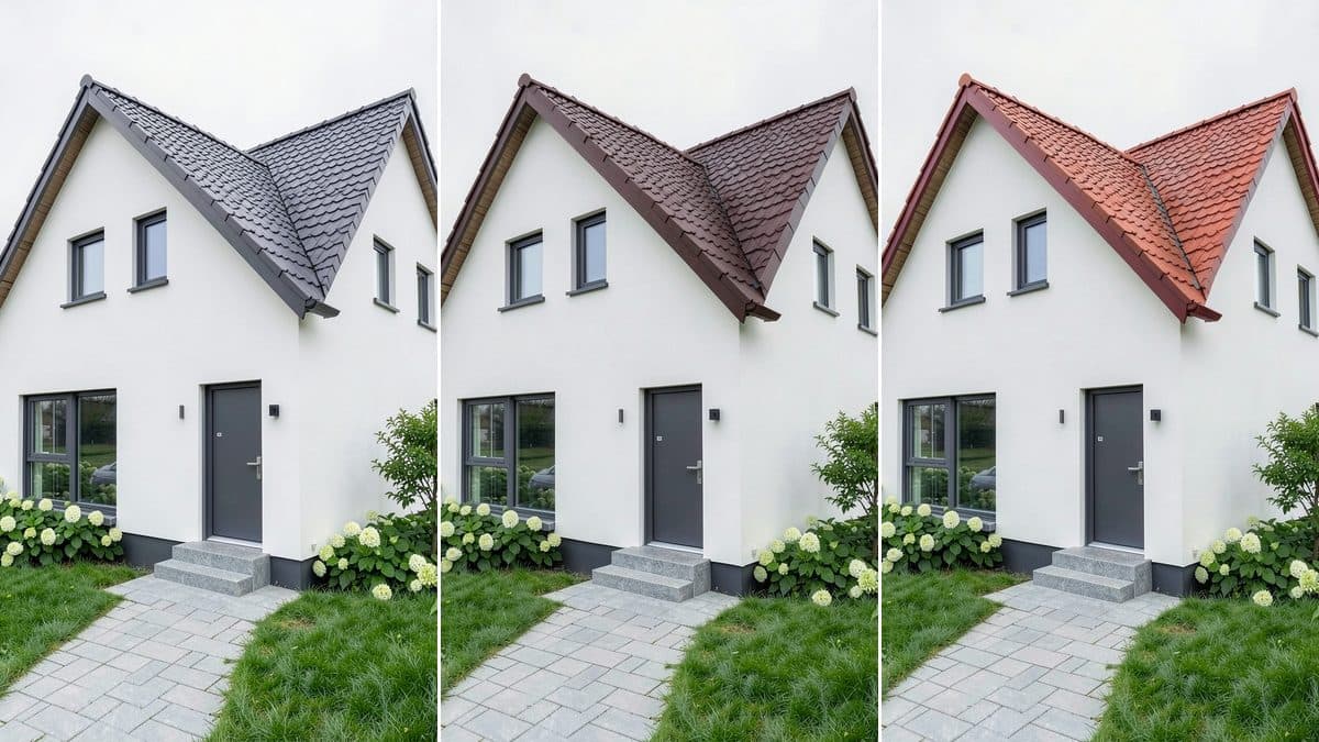 The same house with white walls under three roofs: charcoal, brown and red