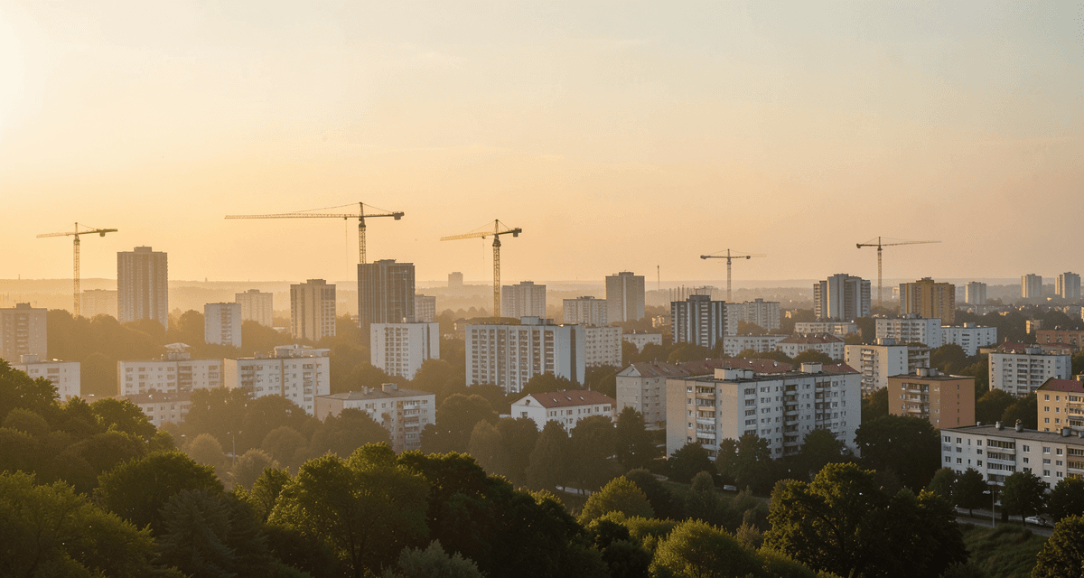 Panorama polskiego miasta z żurawiami budowlanymi