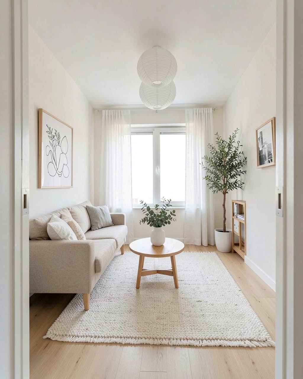 Scandinavian-style living room: pale walls, a beige sofa, a round wooden coffee table, light flooring and paper pendant lamps