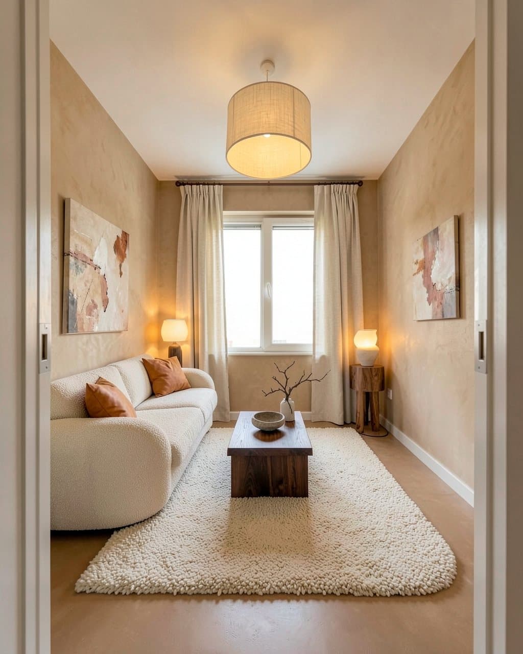 Warm minimal living room: textured sand-colored walls, a cream sofa, warm table lamps and a wooden coffee table