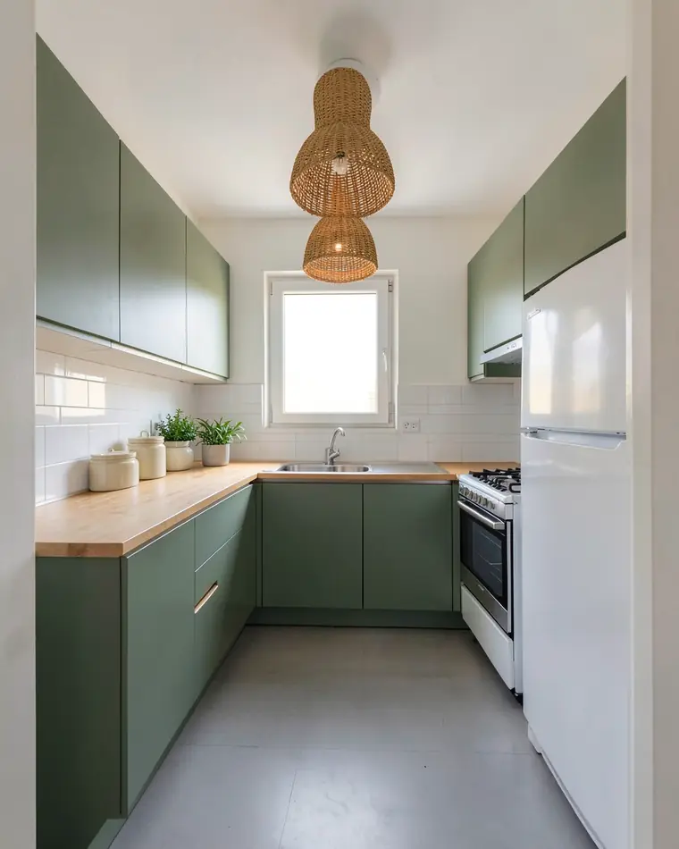 The same kitchen with flat sage green cabinets, a light oak countertop, a brass drawer pull and two woven rattan pendant lamps