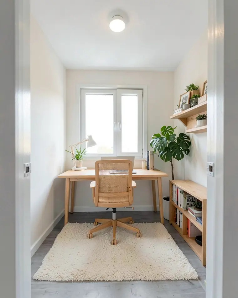 O mesmo home office com escrivaninha de carvalho claro, cadeira de carvalho e palhinha, prateleiras abertas de carvalho com livros e plantas e luminária de mesa branca