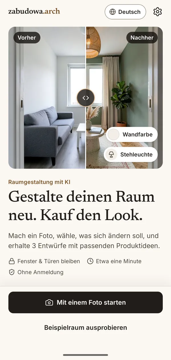 Startbildschirm von zabudowa.arch mit Vorher-Nachher-Schieberegler eines Wohnzimmers