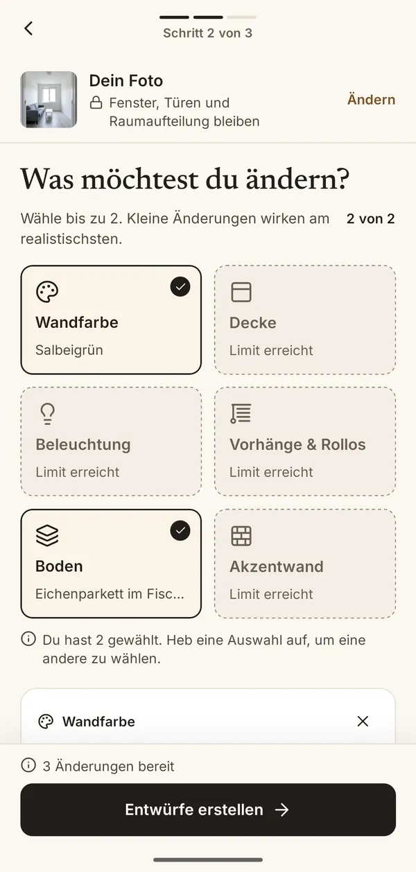 App-Bildschirm zur Auswahl der Änderungen: Wandfarbe, Decke, Beleuchtung, Vorhänge & Rollos, Boden, Akzentwand