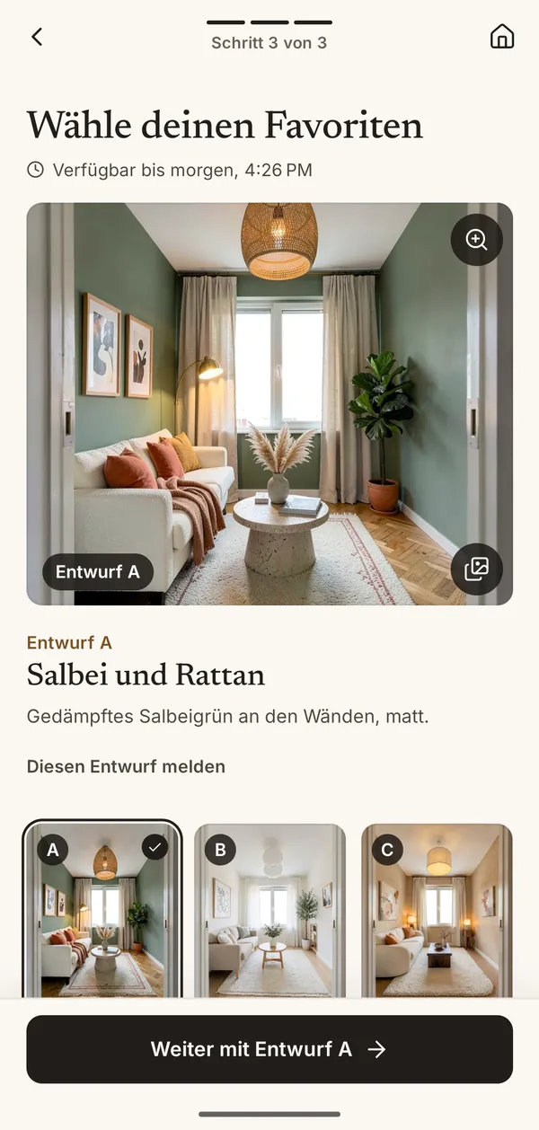 App-Bildschirm mit drei KI-Entwürfen für ein Zimmer, A, B und C, zur Auswahl des Favoriten