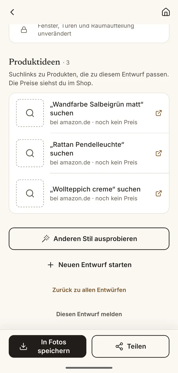App-Bildschirm mit Produktideen zum Entwurf: Wandfarbe, eine Rattan-Pendelleuchte und ein Wollteppich