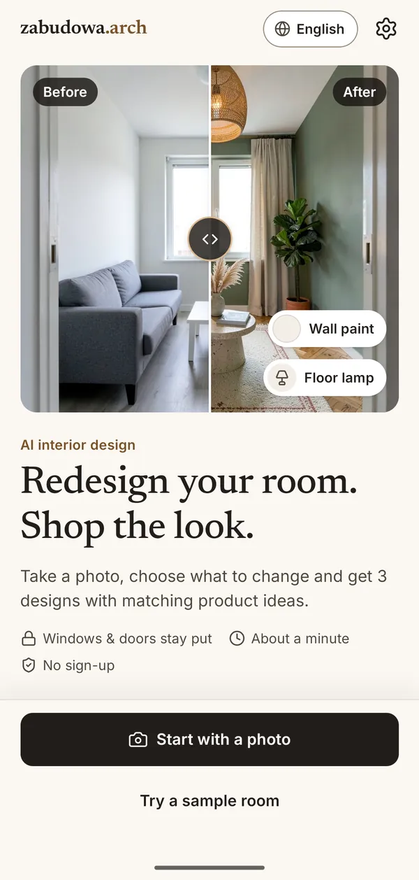 zabudowa.arch home screen with a before and after slider of a living room