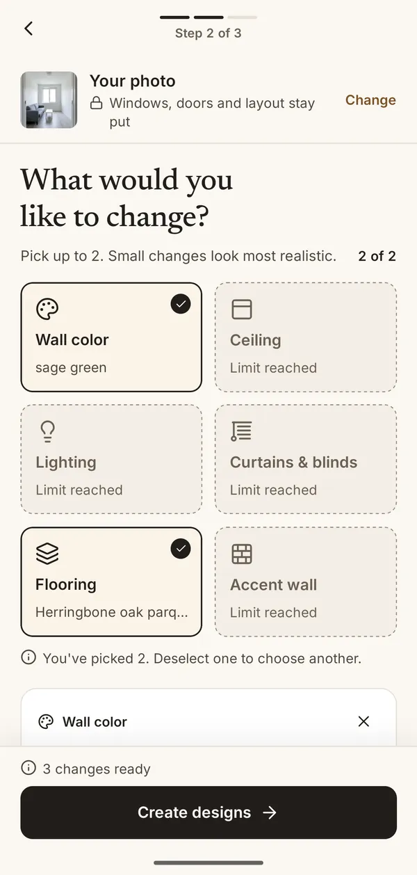 App screen where you choose what to change: wall color, ceiling, lighting, curtains, flooring, accent wall
