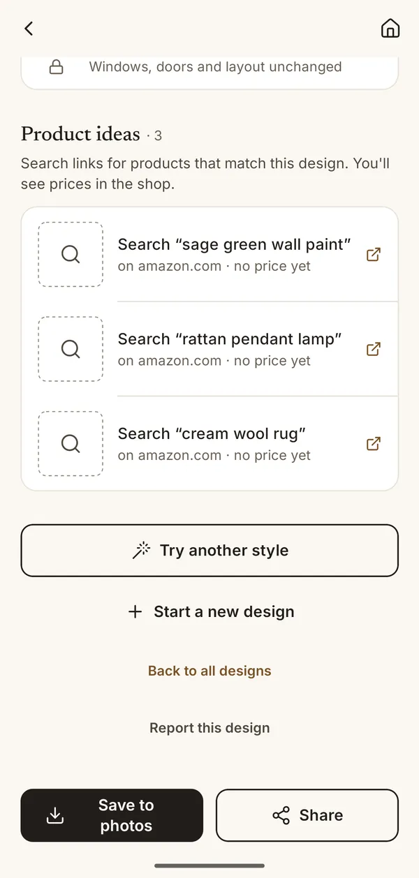 App screen with product ideas that match the design: wall paint, a rattan pendant lamp and a wool rug