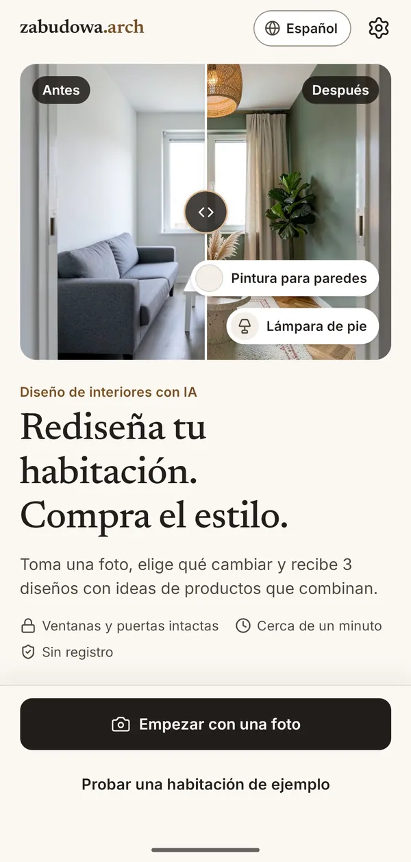 Pantalla de inicio de zabudowa.arch con un control antes y después de una sala