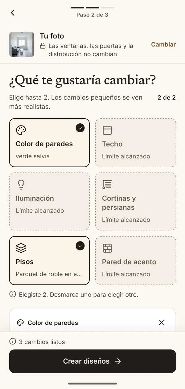 Pantalla de la app para elegir qué cambiar: color de paredes, techo, iluminación, cortinas, pisos, pared de acento