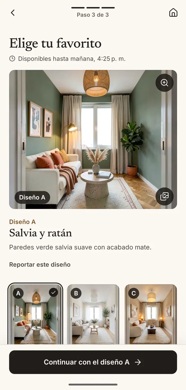 Pantalla de la app con tres diseños de habitación creados con IA, A, B y C, para elegir un favorito