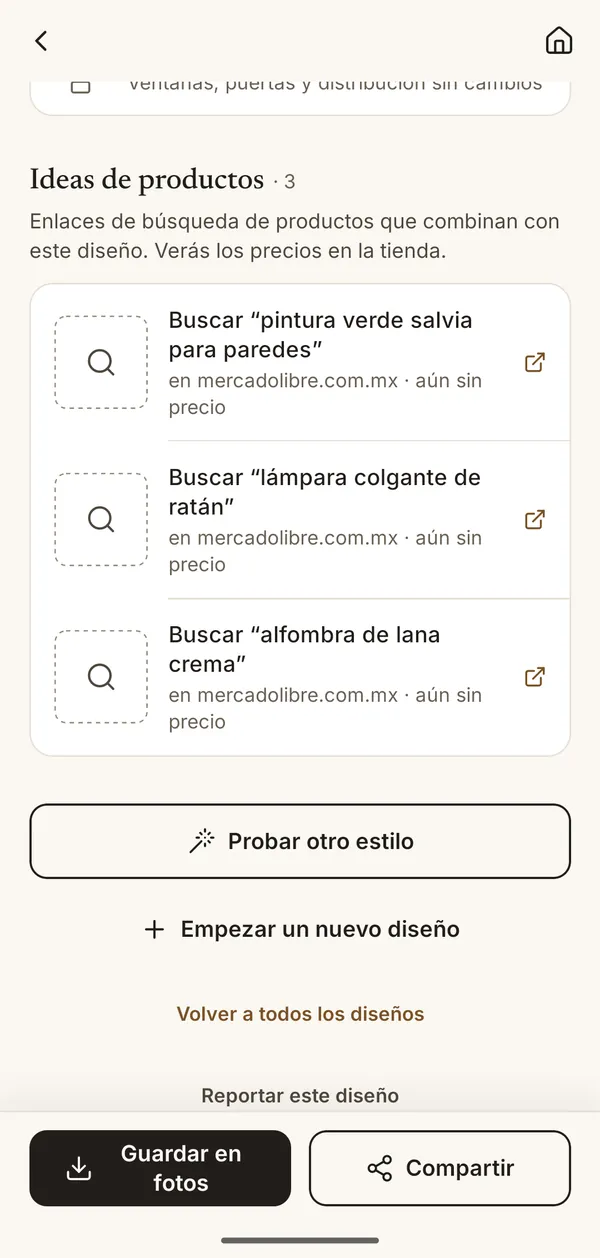 Pantalla de la app con productos que combinan con el diseño: pintura para paredes, una lámpara colgante de ratán y un tapete de lana