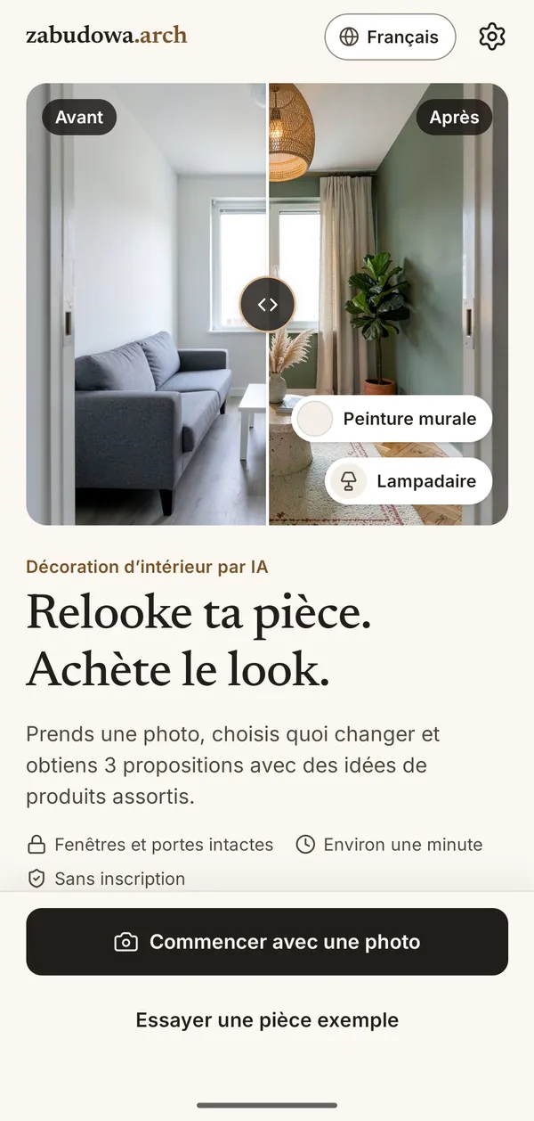 Écran d’accueil de zabudowa.arch avec un curseur avant et après d’un salon