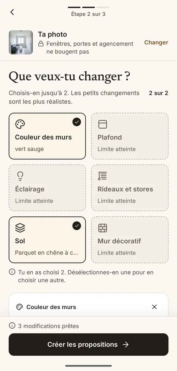 Écran de l’appli pour choisir ce qu’on change : couleur des murs, plafond, éclairage, rideaux et stores, sol, mur d’accent