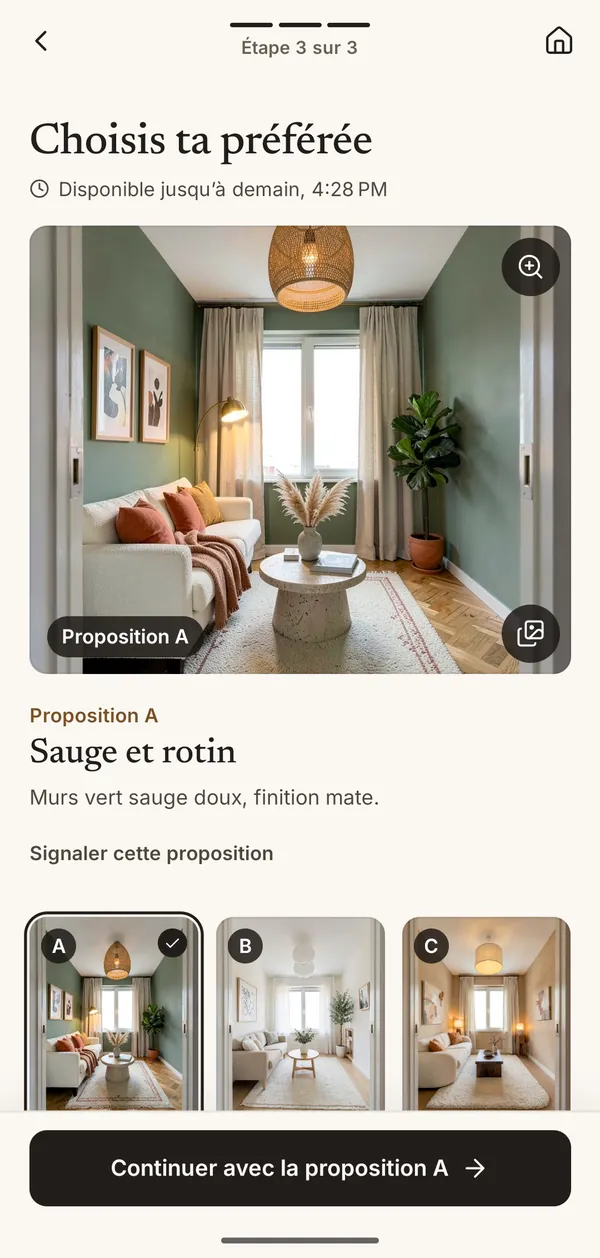 Écran de l’appli avec trois idées déco par IA, A, B et C, pour choisir sa préférée