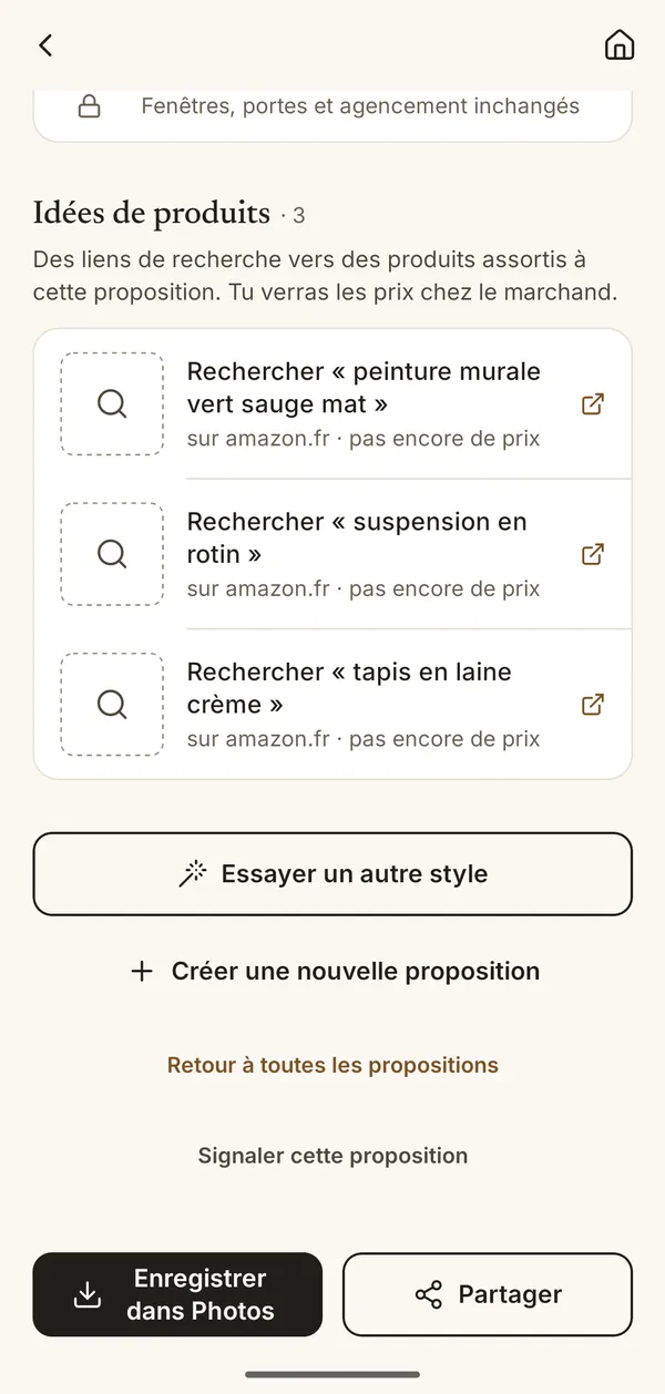Écran de l’appli avec des idées de produits assortis à la proposition : peinture murale, suspension en rotin et tapis en laine
