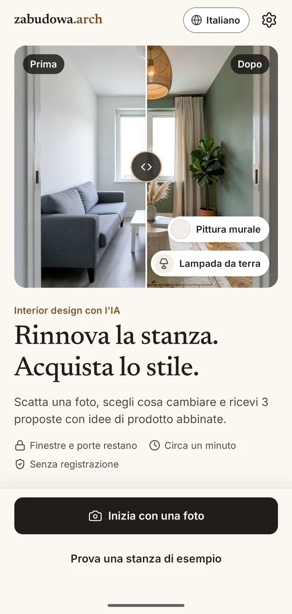 Schermata iniziale di zabudowa.arch con cursore prima e dopo di un soggiorno