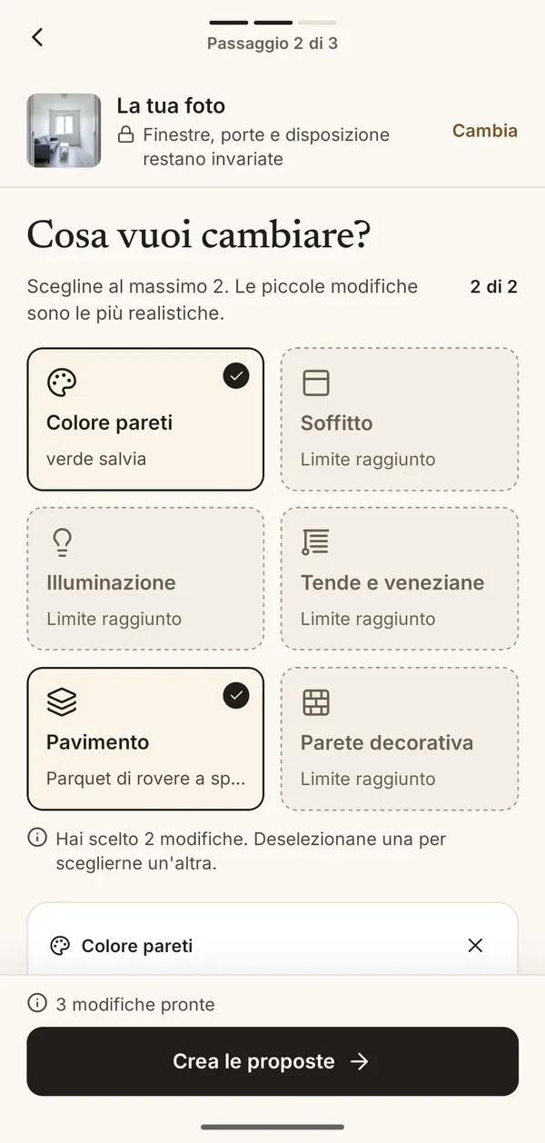 Schermata per scegliere cosa cambiare: colore delle pareti, soffitto, illuminazione, tende, pavimento, parete d’accento