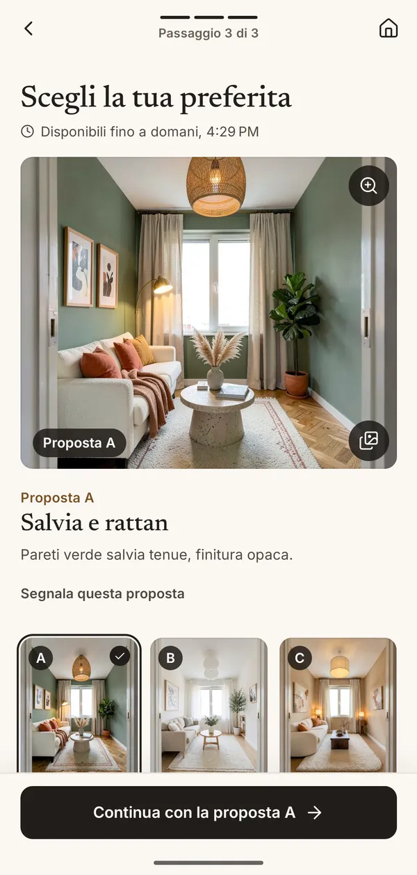 Schermata con tre proposte di arredamento con IA, A, B e C, tra cui scegliere la preferita