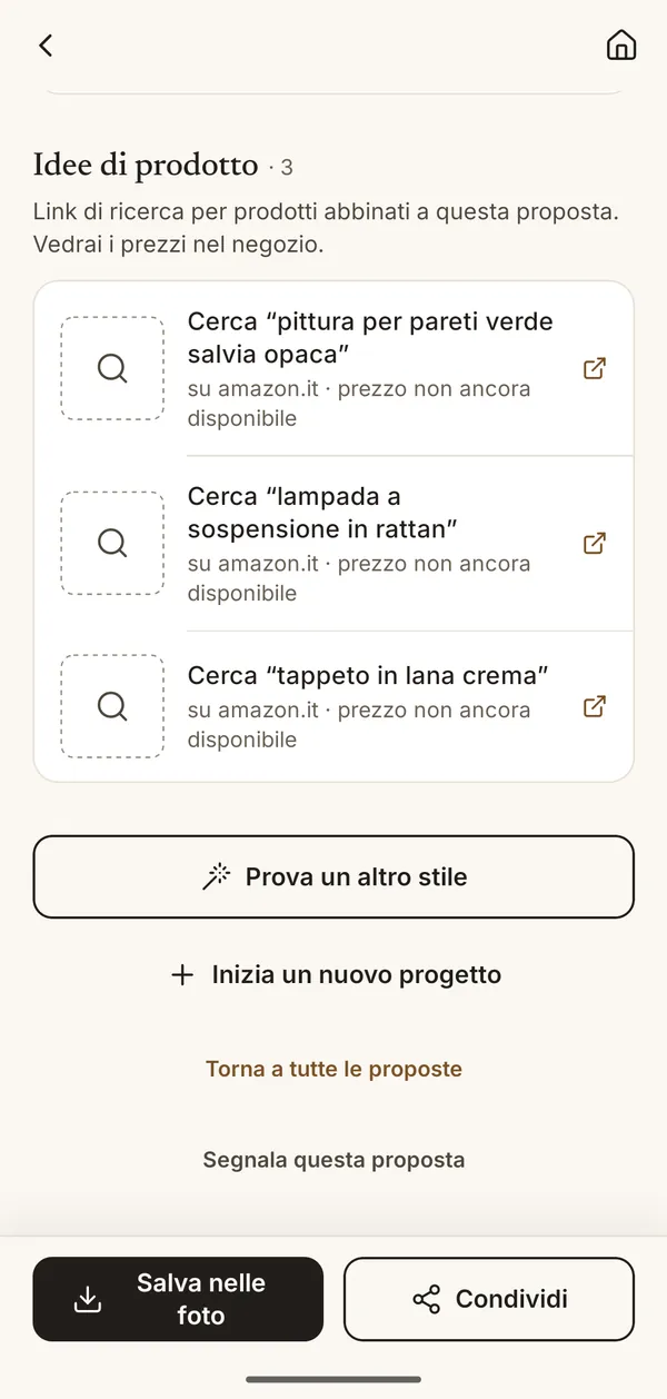 Schermata con idee di prodotto abbinate al progetto: pittura per pareti, lampada a sospensione in rattan e tappeto di lana