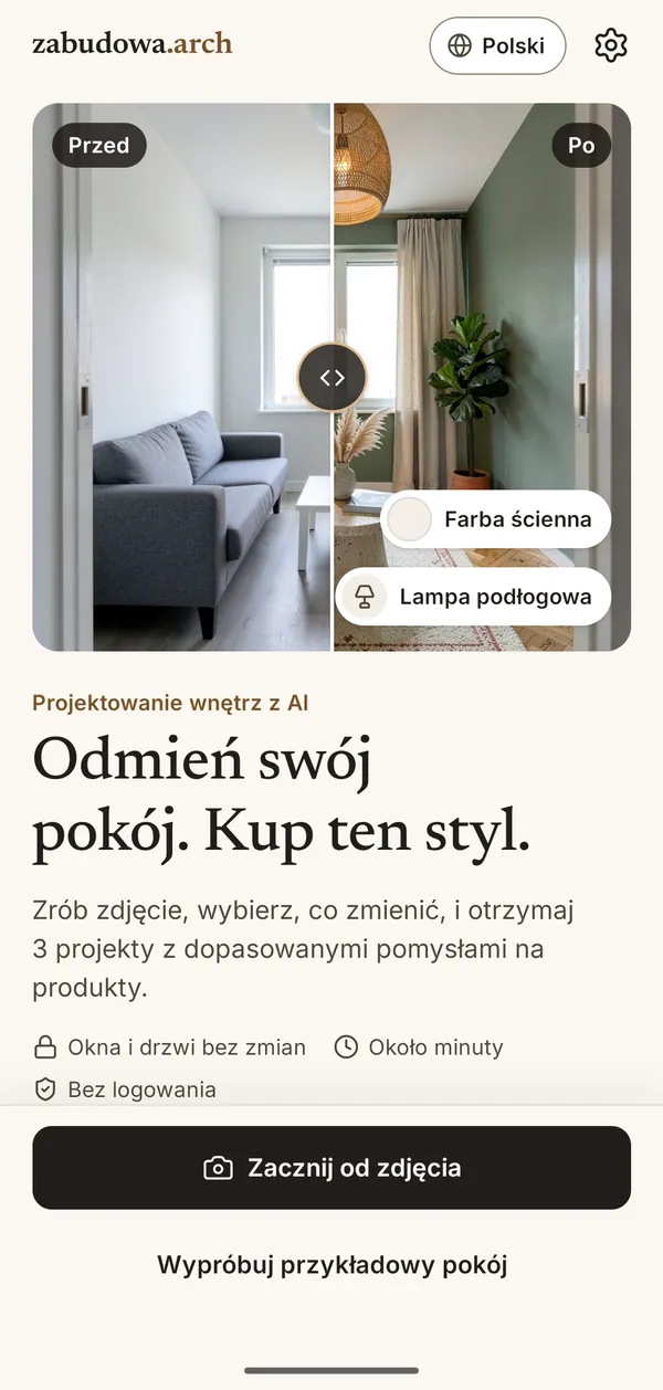 Ekran główny zabudowa.arch z suwakiem przed i po dla salonu